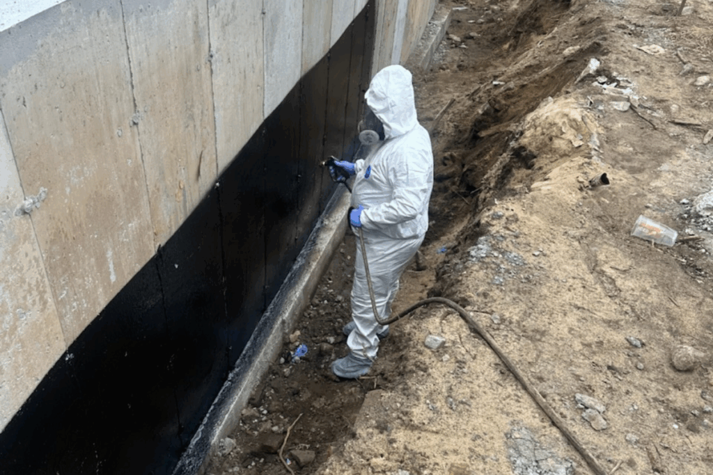 Tech in white suit applying waterproofing to a foundation.